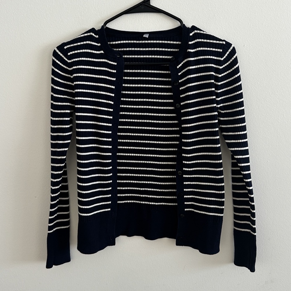 MUJI Navy Blue And White Striped Cardigan Silk Cotton Blend Size XS